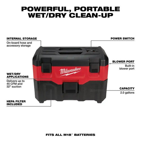 Milwaukee 0880-20 M18 2-Gallon Wet/Dry Vacuum (Tool Only)