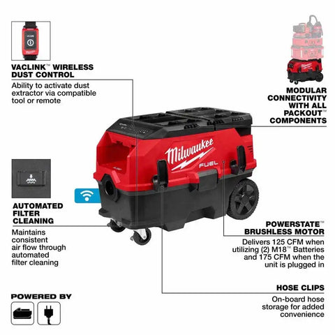 Milwaukee 0888-20 M18 FUEL 9 Gallon Dual Battery Dust Extractor with PACKOUT Compatibility