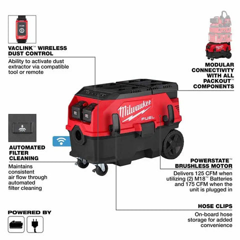 Milwaukee 0888-22HD M18 FUEL 9 Gallon Dual Battery Dust Extractor Kit with PACKOUT Compatibility