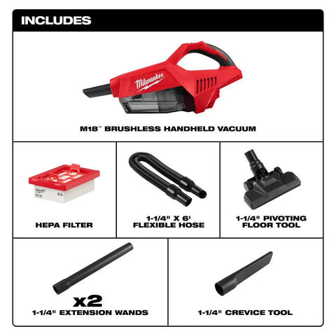 Milwaukee 0892-20 M18 Brushless Handheld Vacuum with HEPA filter and accessories (Tool Only)