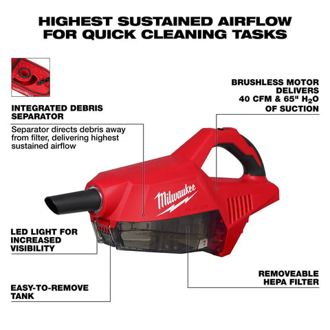 Milwaukee 0892-20 M18 Brushless Handheld Vacuum with HEPA filter and accessories (Tool Only)