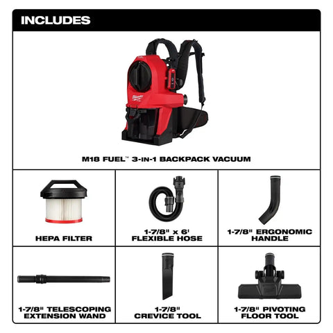Milwaukee 0895-20 M18 FUEL 3-in-1 Backpack Vacuum with HEPA Filter and Accessories