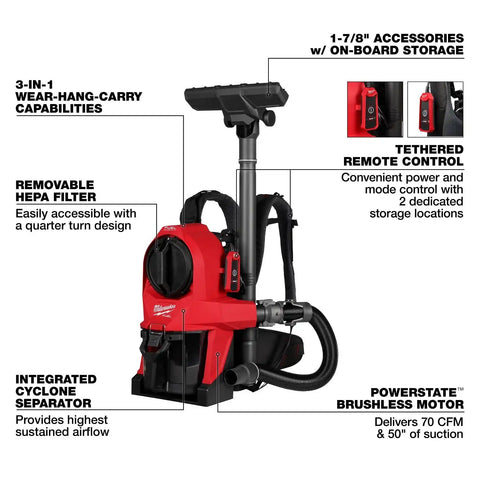Milwaukee 0895-20 M18 FUEL 3-in-1 Backpack Vacuum with HEPA Filter and Accessories