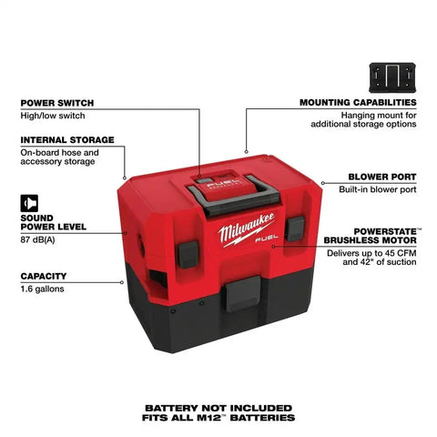 Milwaukee 0960-20 M12 FUEL 1.6 Gallon Wet/Dry Vacuum
