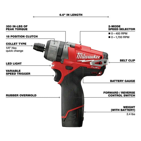 Milwaukee 2402-22 M12 FUEL 1/4" Hex 2-Speed Screwdriver Kit