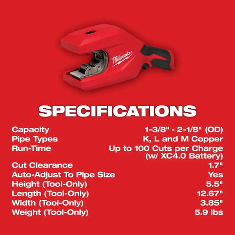 Milwaukee 2479-20 M12 Brushless 1-1/4" - 2" Copper Tubing Cutter
