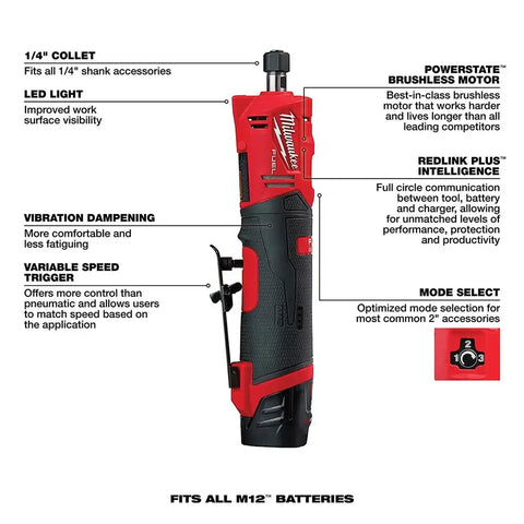 Milwaukee 2486-22 M12 FUEL Straight Die Grinder, 2 Battery Kit