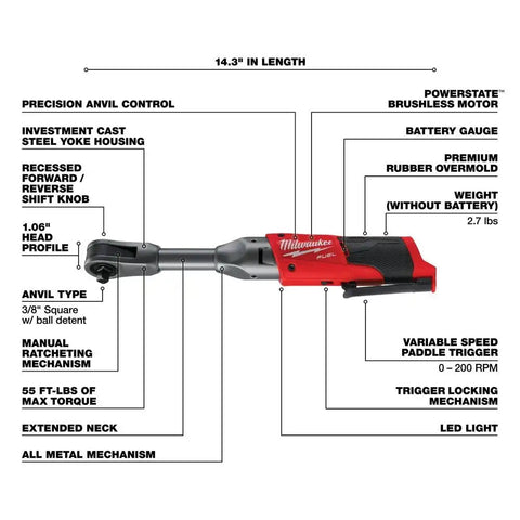 Milwaukee 2560-20 M12 FUEL 3/8" Extended Reach Ratchet Bare Tool