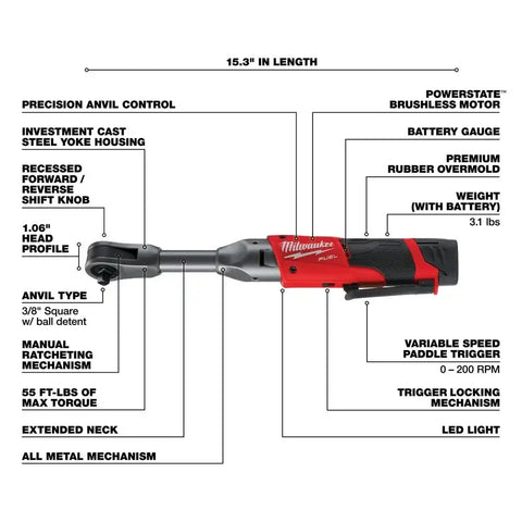 Milwaukee 2560-21 M12 FUEL 3/8" Extended Reach Ratchet 1 Battery Kit