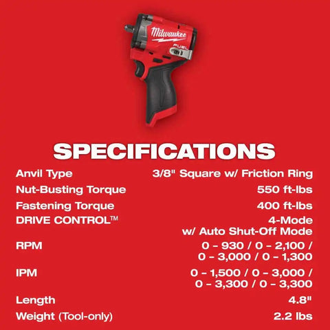 Milwaukee 2562-20 M12 FUEL Stubby 3/8" Impact Wrench