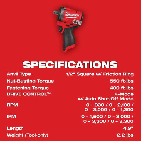 Milwaukee 2563-20 M12 FUEL Stubby 1/2" Impact Wrench