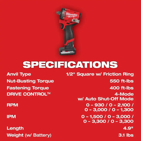 Milwaukee 2563-22 M12 FUEL Stubby 1/2" Impact Wrench Kit