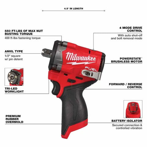 Milwaukee 2563P-20 M12 FUEL Stubby 1/2" Impact Wrench w/ Pin Detent