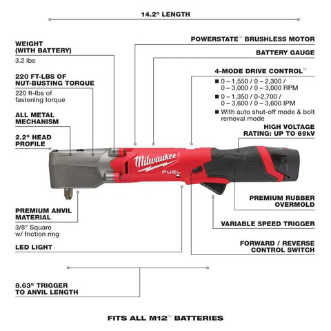 Milwaukee 2564-22 M12 FUEL  3/8" Right Angle Impact Wrench Kit