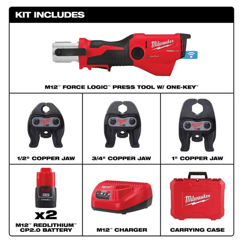 Milwaukee 2573-22 M12 FORCE LOGIC Press Tool Kit with ONE-KEY 1/2 in. to 1 in. CTS-V Jaws (2 Batteries)
