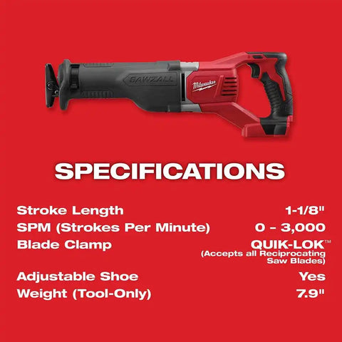 Milwaukee 2621-20 M18 SAWZALL Reciprocating Saw (Bare Tool)