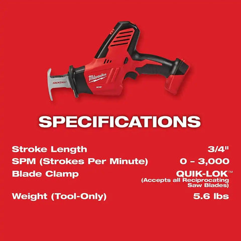 Milwaukee 2625-20 M18 18-Volt Hackzall Cordless One-Handed Reciprocating Saw (Tool Only, No Battery)