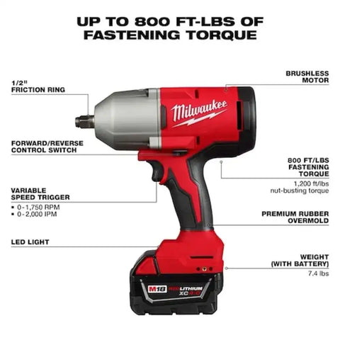 Milwaukee 2666-21B M18 18V Lithium-Ion Brushless Cordless 1/2 in. Impact Wrench with Friction Ring Kit