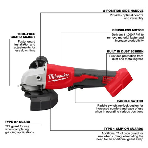 Milwaukee 2686-20 M18 Brushless 4-1/2" / 5" Cut-Off Grinder, Paddle Switch