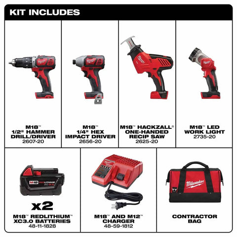 Milwaukee 2695-24 M18 Cordless Combo Compact Hammer Drill/Hackzall/1/4 Hex Impact Driver/Work Light/Charger/2 Battery