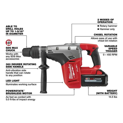 Milwaukee 2717-22HD M18 FUEL 1-9/16" SDS Max Rotary Hammer Kit with 2 Batteries