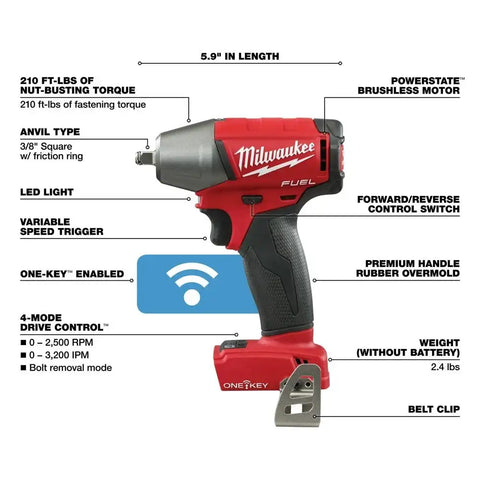 Milwaukee 2758-20 M18 FUEL 3/8" Compact Impact Wrench with Friction Ring with ONE-KEY (Bare)