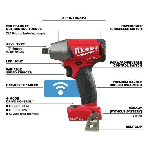 Milwaukee 2759-80 M18 FUEL 1/2" Compact Impact Wrench with Pin Detent with ONE-KEY Bare Tool (Reconditioned)
