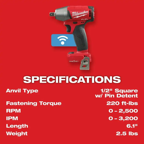 Milwaukee 2759-20 M18 FUEL 1/2" Compact Impact Wrench with Pin Detent with ONE-KEY (Bare Tool)