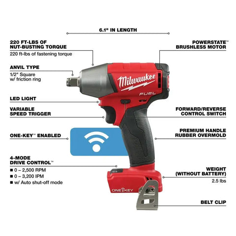 Milwaukee 2759B-20 M18 FUEL 1/2" Compact Impact Wrench with Friction Ring with ONE-KEY (Bare Tool)