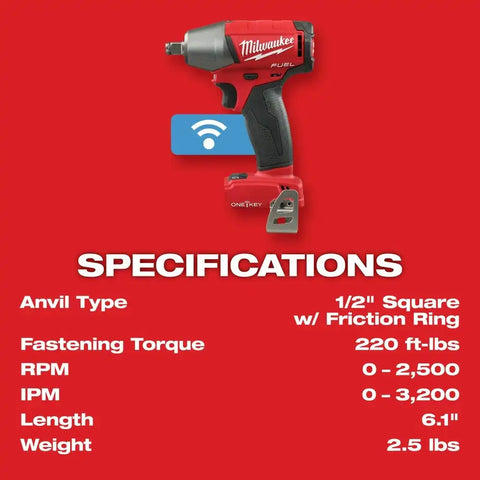 Milwaukee 2759B-20 M18 FUEL 1/2" Compact Impact Wrench with Friction Ring with ONE-KEY (Bare Tool)
