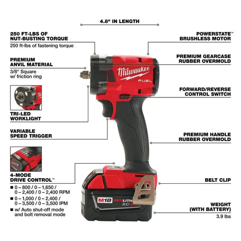 Milwaukee 2854-20 M18 FUEL 3/8" Compact Impact Wrench w/ Friction Ring Bare Tool