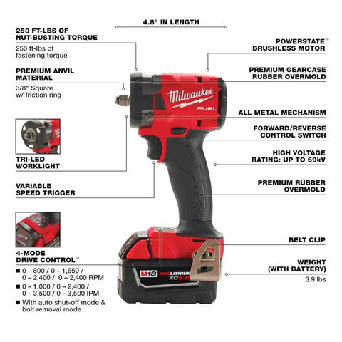 Milwaukee 2854-22R M18 FUEL 3/8 " Compact Impact Wrench w/ Friction Ring Kit