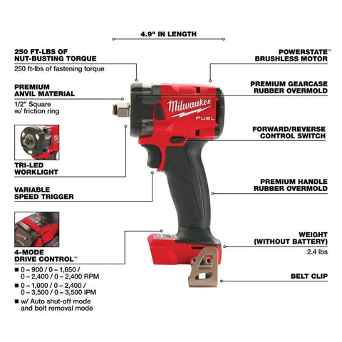 Milwaukee  2855-20  "M18 FUEL™ 1/2 " Compact Impact Wrench w/ Friction Ring Bare Tool "