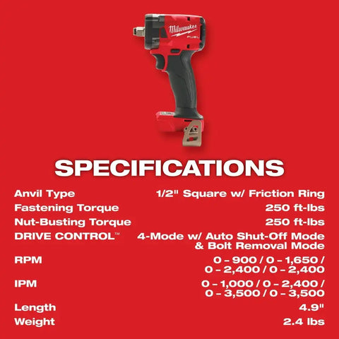 Milwaukee  2855-20  "M18 FUEL™ 1/2 " Compact Impact Wrench w/ Friction Ring Bare Tool "