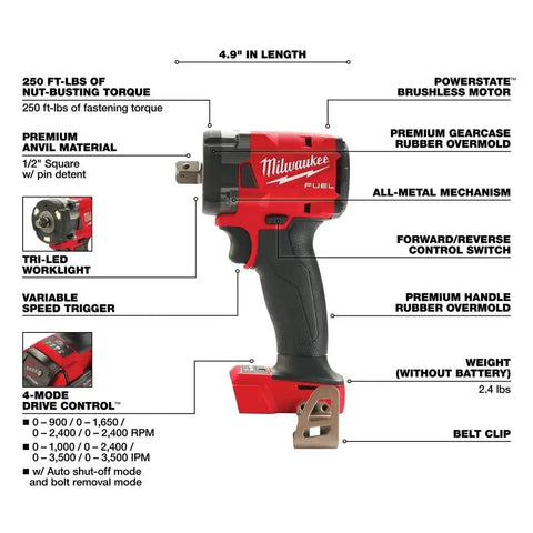Milwaukee  2855P-20  "M18 FUEL™ 1/2 " Compact Impact Wrench w/ Pin Detent Bare Tool "