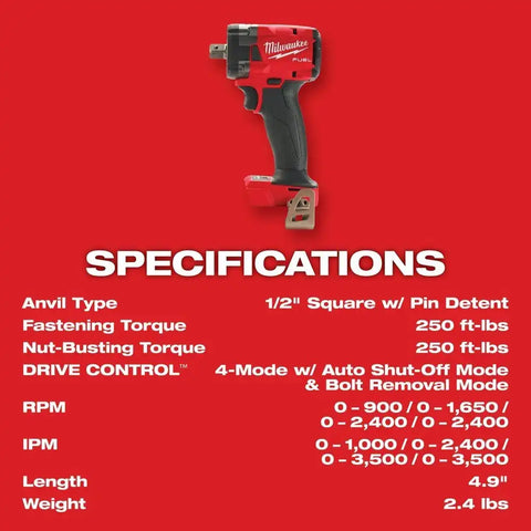 Milwaukee  2855P-20  "M18 FUEL™ 1/2 " Compact Impact Wrench w/ Pin Detent Bare Tool "