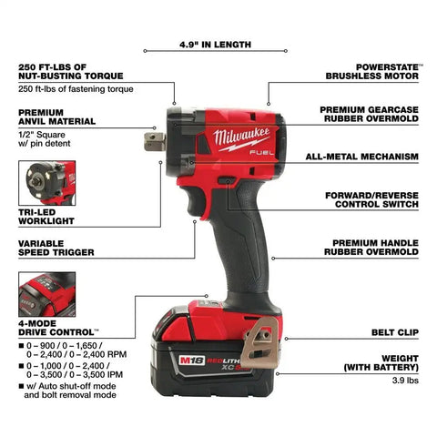 Milwaukee 2855P-22 M18 FUEL™ 1/2" Compact Impact Wrench w/ Pin Detent Kit