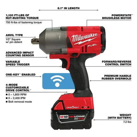 Milwaukee 2862-22 M18 FUEL ONE-KEY High Torque Impact Wrench 1/2" Pin Detent Kit