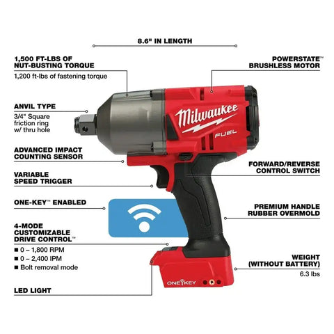 Milwaukee 2864-20 M18 FUEL ONE-KEY High Torque Impact Wrench 3/4" Friction Ring Bare