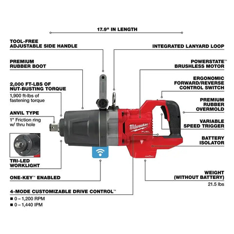 Milwaukee 2868-20 M18 FUEL 1" D-Handle High Torque Impact Wrench w/ ONE-KEY