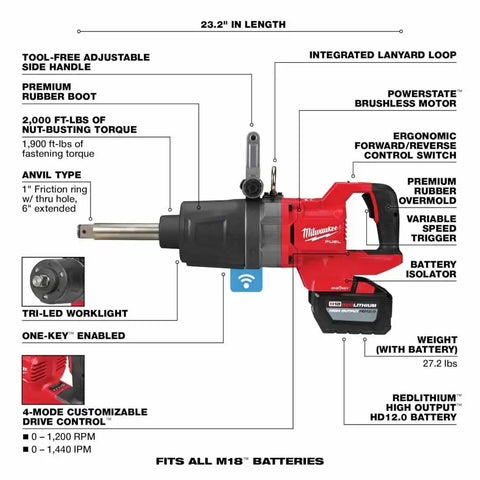 Milwaukee  2869-22HD M18 FUEL™ 1" D-Handle Ext. Anvil High Torque Impact Wrench w/ ONE-KEY™