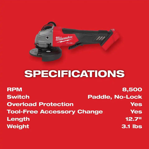 Milwaukee 2880-20 M18 FUEL™ 4-1/2" / 5" Grinder Paddle Switch, No-Lock