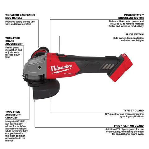Milwaukee 2881-20 M18 FUEL™ 4-1/2" / 5" Grinder Slide Switch, Lock-On