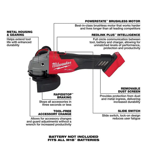 Milwaukee 2881-20 M18 FUEL™ 4-1/2" / 5" Grinder Slide Switch, Lock-On