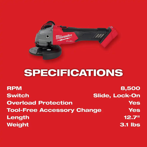 Milwaukee 2881-20 M18 FUEL™ 4-1/2" / 5" Grinder Slide Switch, Lock-On