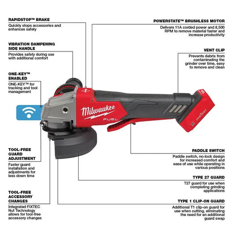 Milwaukee 2882-20 M18 FUEL™ 4-1/2" / 5" Braking Grinder w/ ONE-KEY™  Paddle Switch, No-Lock