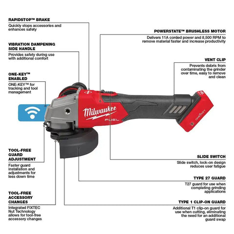 Milwaukee 2883-20 M18 FUEL™ 4-1/2" / 5" Braking Grinder w/ ONE-KEY™  Slide Switch, Lock-On