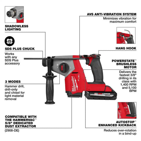 Milwaukee 2908-22DE M18 FUEL 5/8" SDS Plus Rotary Hammer w/ Dust Extractor Kit