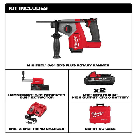 Milwaukee 2908-22DE M18 FUEL 5/8" SDS Plus Rotary Hammer w/ Dust Extractor Kit