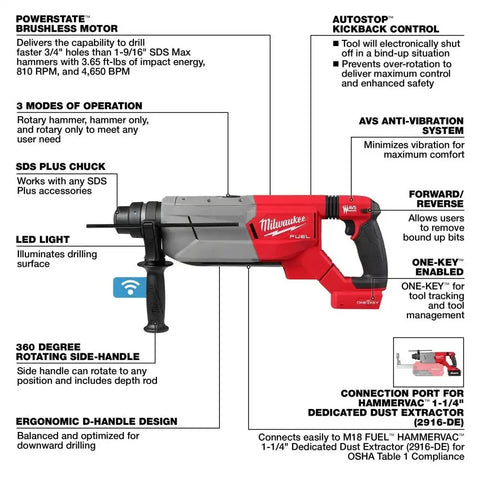 Milwaukee 2916-20 M18 FUEL 1-1/4" SDS Plus D-Handle Rotary Hammer w/ ONE-KEY
